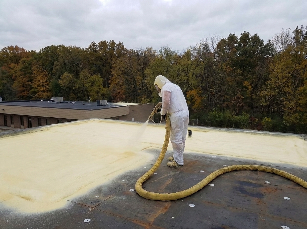 Spray-applied roof restoration coating on a commercial roof